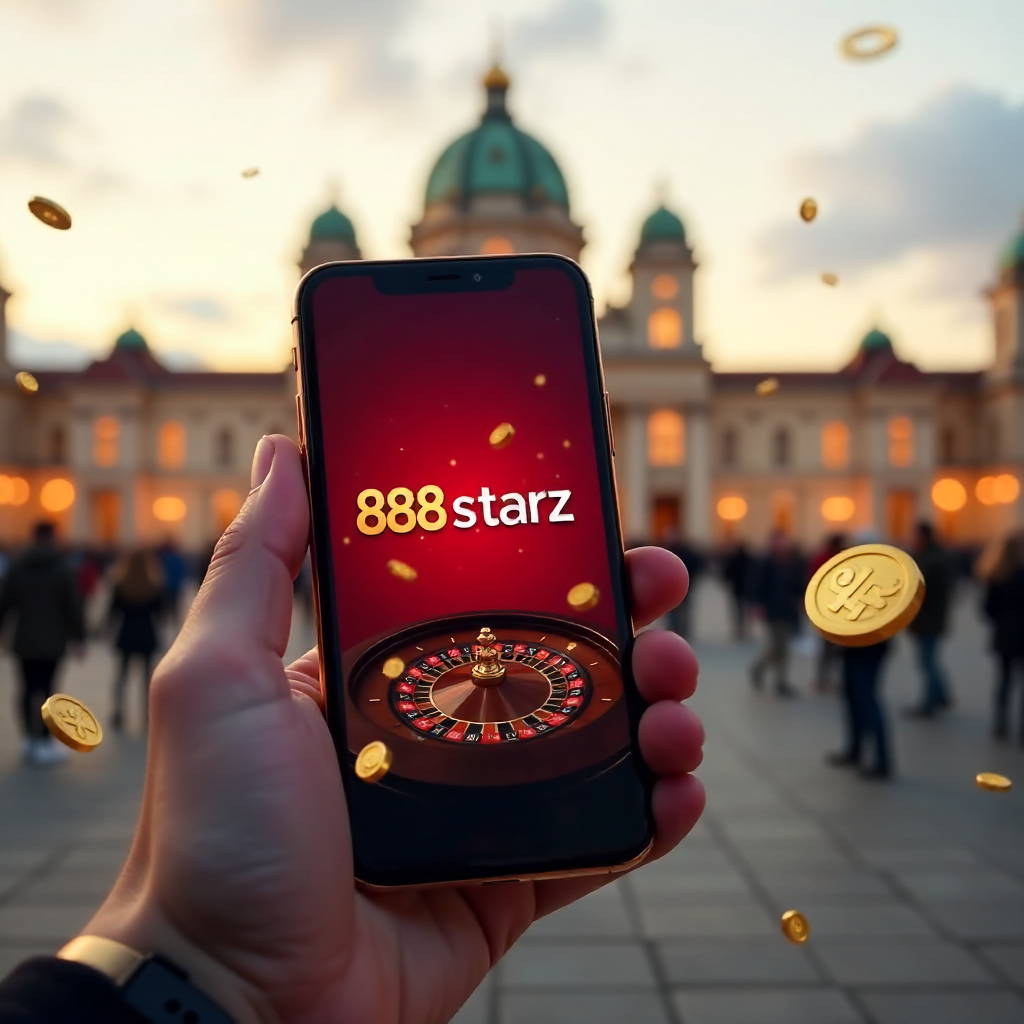 A premium smartphone held in a hand featuring the 888starz app, with the Palace of Culture and Science in Warsaw in the background, official red and white brand colors, 3D flying golden coins and roulette elements, cinematic lighting, 8k.